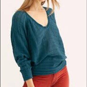 We The Free Thiens Hacci Teal Oversized Top XS Lightweight Textured Knit Raw Hem